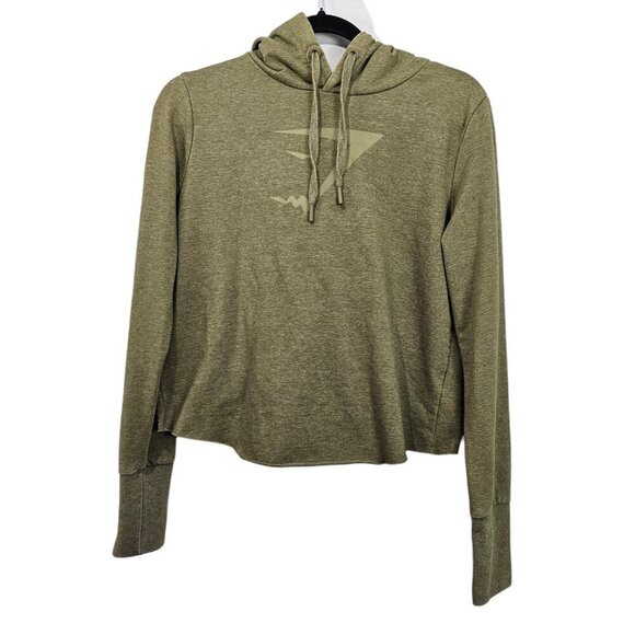 Gymshark Cross Back Marl Khaki Pull Over Hoodie Active Cropped Sweatshirt - Picture 1 of 10